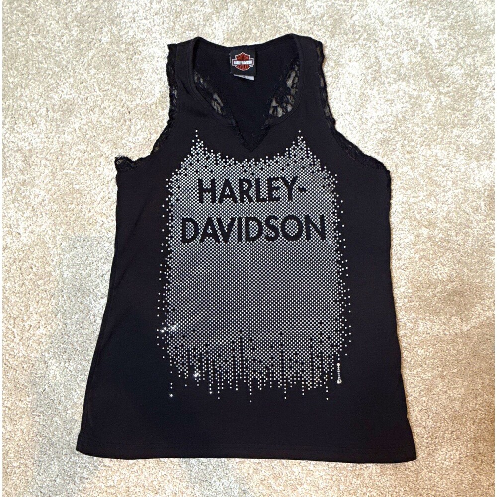 Harley-Davidson Womens XL Tank Top Black Lace Racerback Rhinestone V-Neck